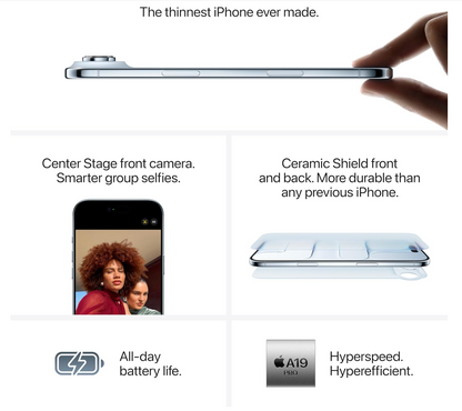Apple iPhone Air 256GB: O iPhone mais fino de sempre, ecrã de 6,5 polegadas com ProMotion até 120Hz, poderoso chip A19 Pro, câmara frontal centralizada, bateria para todo o dia; Preto Espacial
